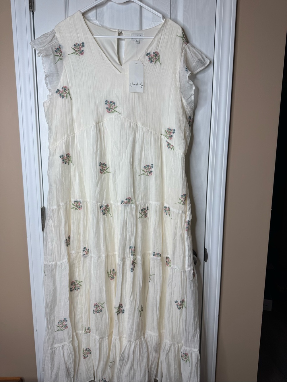 Wonderly Cream Dress with Pink and Green Floral Embroidery